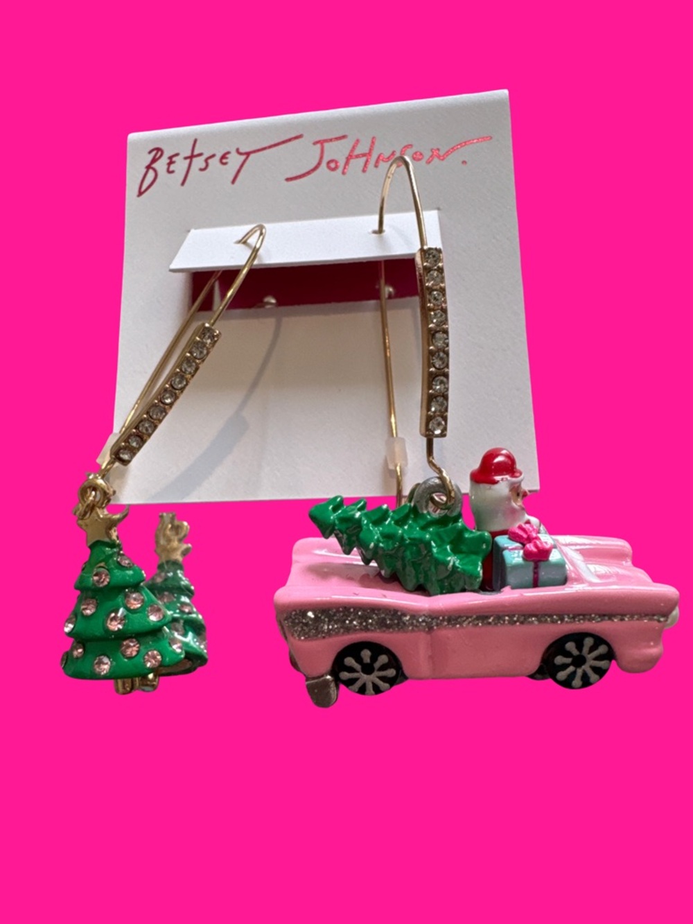 Betsey Johnson Pink & Green Car with Christmas Tree Dangle Earrings